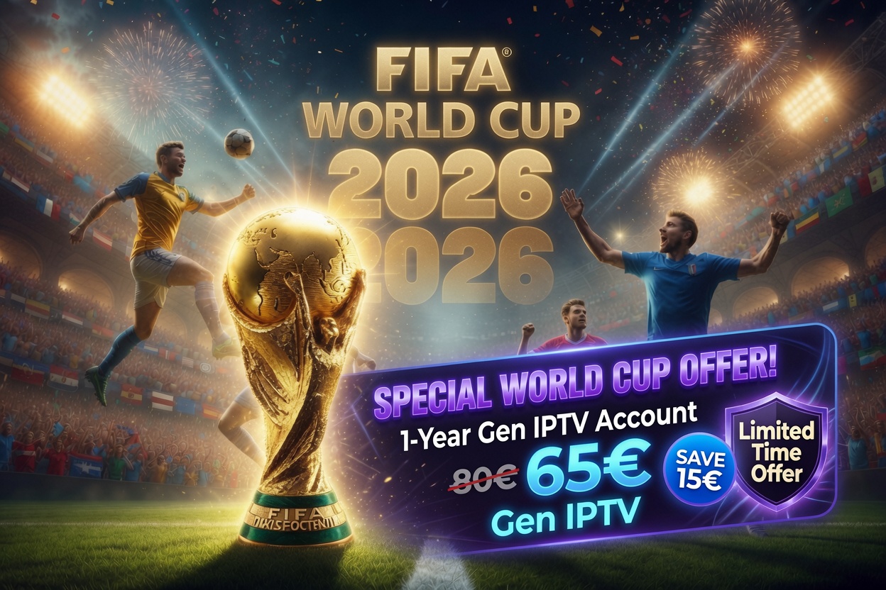 FIFA World Cup 2026 promo scene with cheering players and a glowing trophy; a purple banner advertises a 1-year IPTV account for 65€ and a limited-time offer.